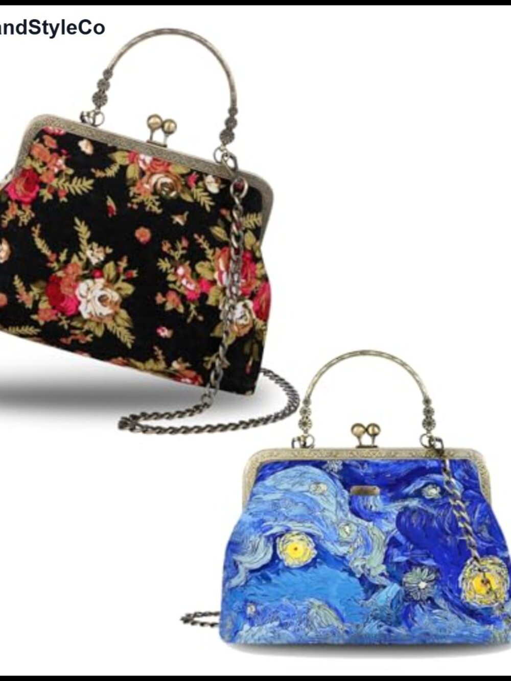 Vintage Floral Kiss Lock Clutch Evening Bag with Chain Strap